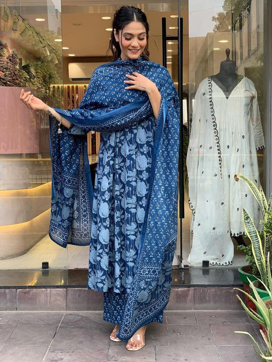 Floral Printed V-Neck Pure Cotton A-Line Kurta With Palazzos And Dupatta