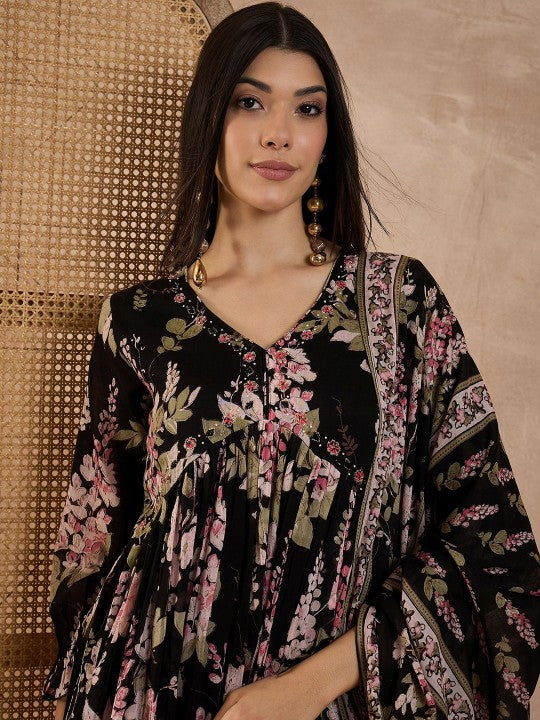 CHETI Women Floral Printed Anarkali Kurta with Trousers & Dupatta