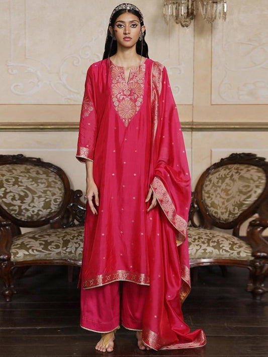 Ganga Women Floral Yoke Design Regular Raw Silk Kurta