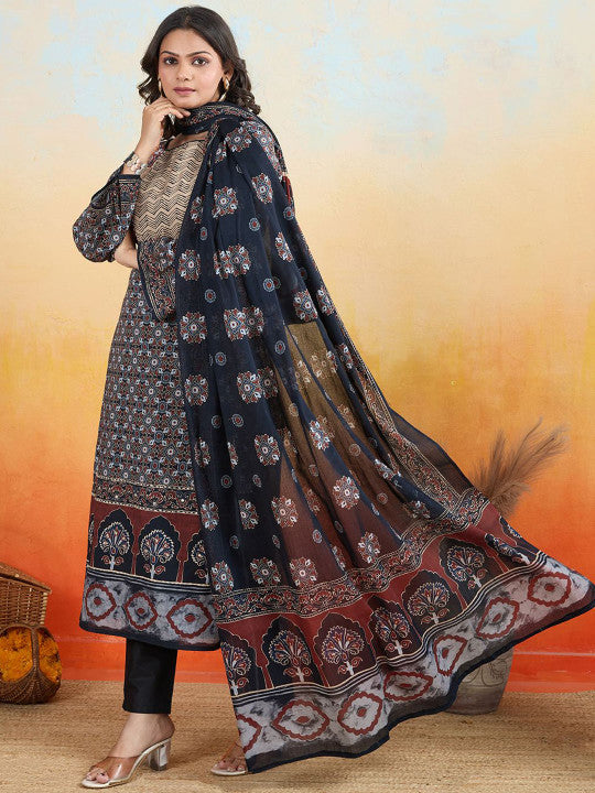 IOLY Women Ethnic Motifs Printed Regular Kantha Work Pure Cotton Kurti With Dupatta