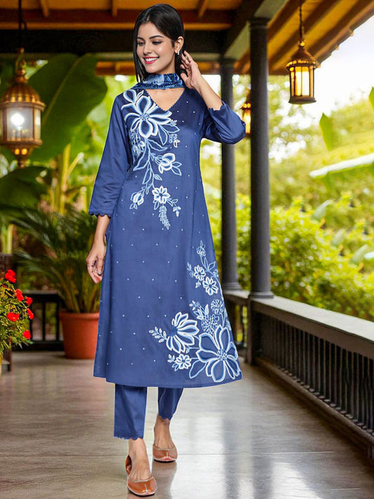 W Floral Printed V-Neck A-line Kurta With Trousers And Dupatta