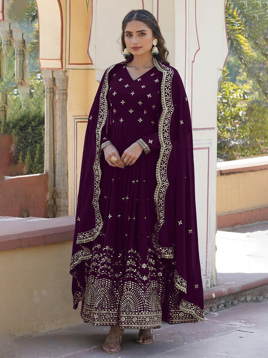 SWEETPEL Women Ethnic Motifs Embellished Sequinned Georgette Anarkali Kurta With Dupatta