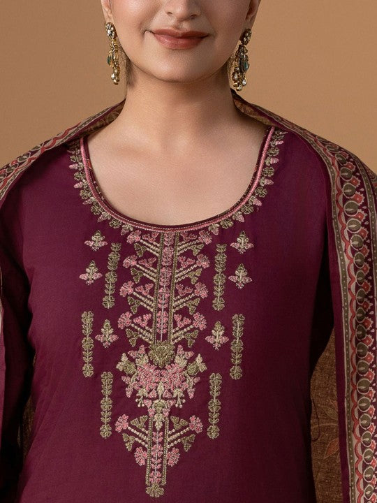 WOMEN PLUS Floral Yoke Design Thread Work Pure Cotton Kurta With Trousers & Dupatta