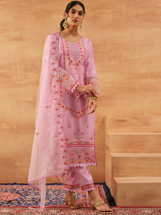 Ishin Floral Embroidered Round Neck Straight Kurta With Trouser & Dupatta