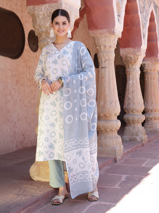 Taavi Geometric Printed Pure Cotton Batik Kurta with Trouser & Dupatta