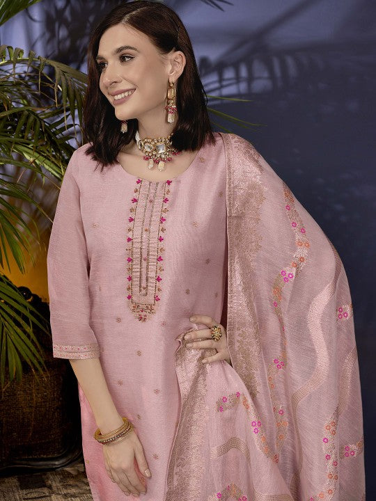 Anouk Ethnic Motifs Embroidered Linen Straight Kurta