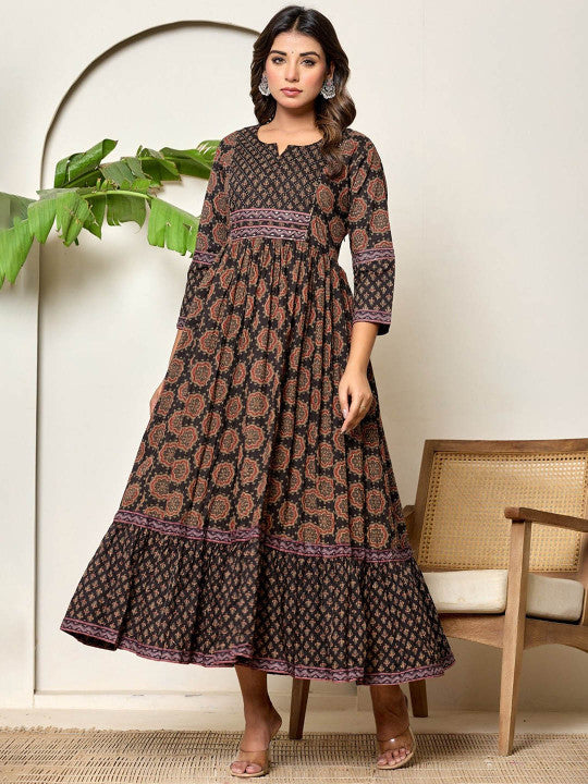 ADAA JAIPUR Floral Printed Cotton Fit & Flared Maxi Ethnic Dress