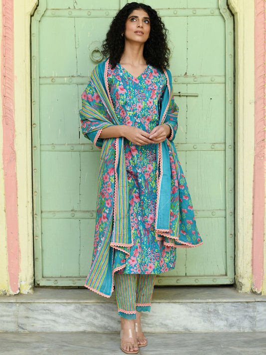 Floral Printed V-Neck Pure Cotton Angrakha Straight Kurta With Palazzos & Dupatta