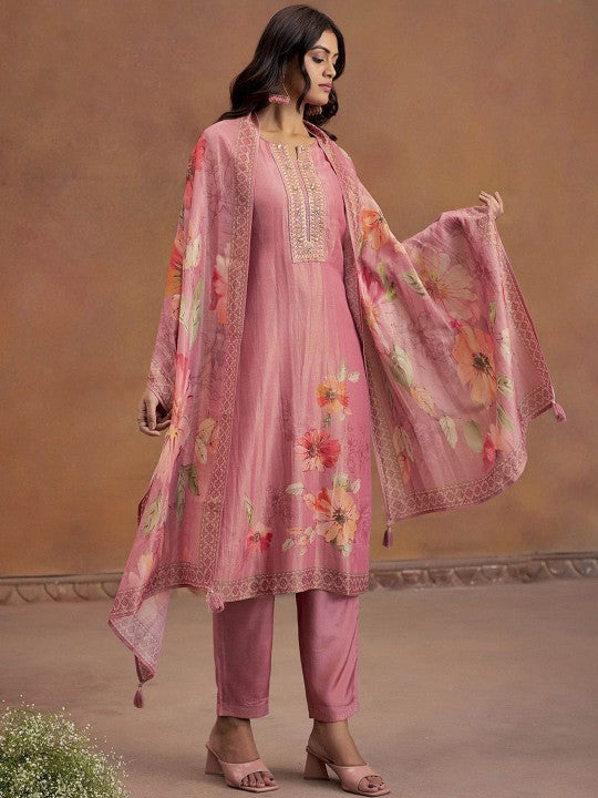 Jaipur Kurti Ethnic Motifs Embroidered Sequinned Straight Kurta With Trousers & Dupatta