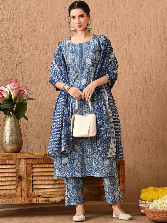 Anouk Women Floral Printed Regular Pure Cotton Kurta with Trousers & With Dupatta