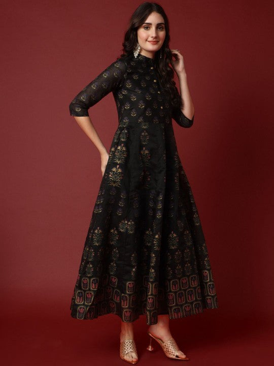Aspriya Women Floral Printed Chanderi Anarkali Gown Maxi Ethnic Dresses