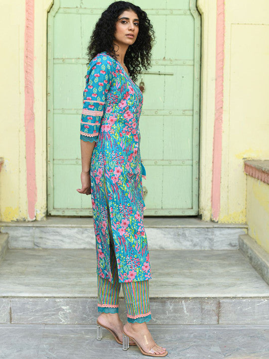 Floral Printed V-Neck Pure Cotton Angrakha Straight Kurta With Palazzos & Dupatta