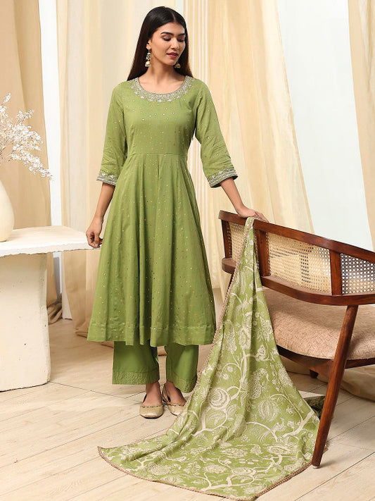 Biba Women Floral Printed Regular Beads and Stones Pure Cotton Kurta with Palazzos & With Dupatta