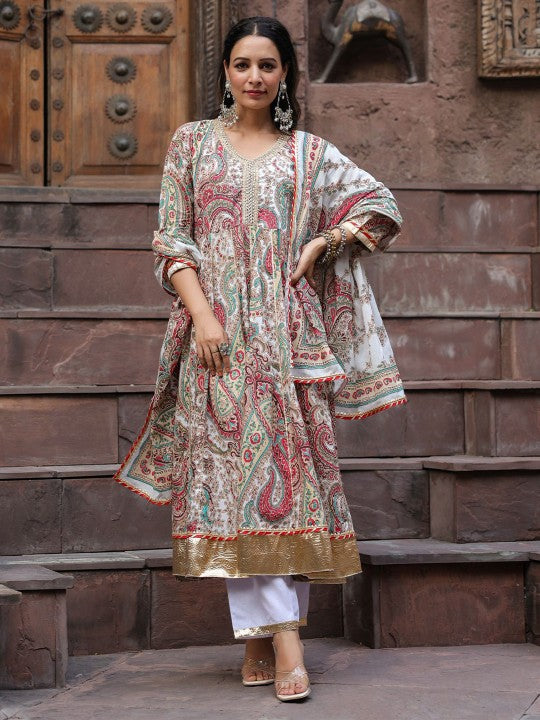 Printed Gotta Patti Pure Cotton Kurta with Trousers & Dupatta