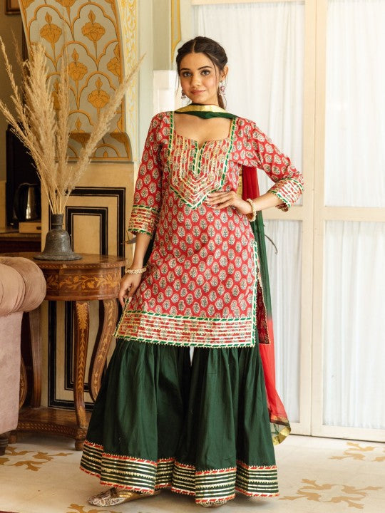 ASHEERA Women Ethnic Motifs Printed Regular Gotta Patti Pure Cotton Kurta with Sharara & With Dupatta