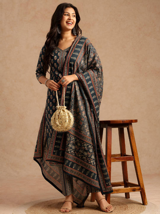 Vbuyz Floral Printed Pure Cotton Kurta With Trousers & Dupatta