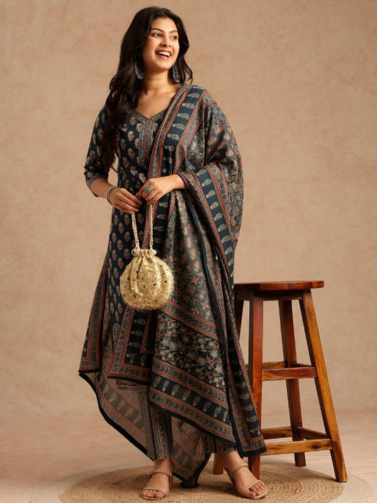 Vbuyz Floral Printed Pure Cotton Kurta With Trousers & Dupatta