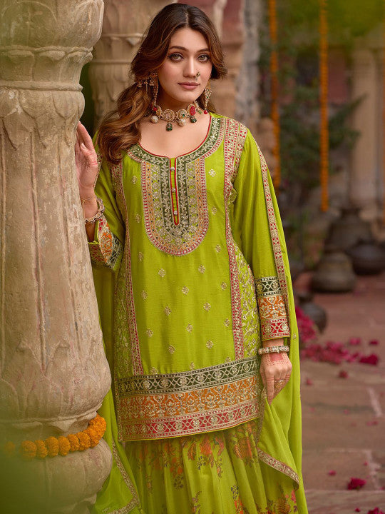 Indo Era Floral Embroidered Sequinned Chinon Straight Kurta With Sharara & Dupatta