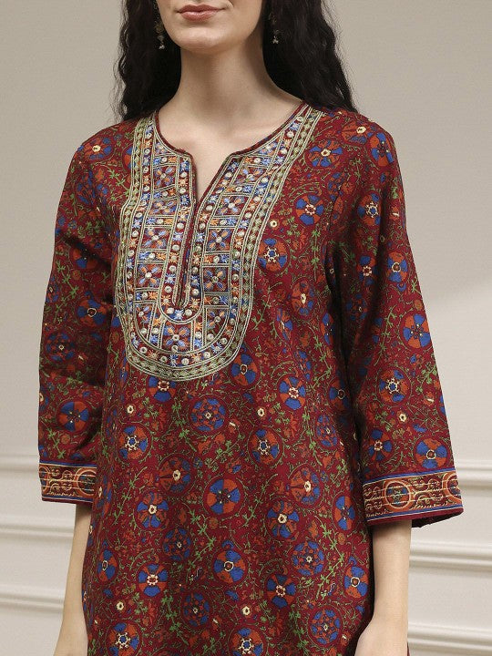 Biba Embroidered Notch Neck Thread Work Pure Cotton Straight Kurta With Palazzos & Dupatta
