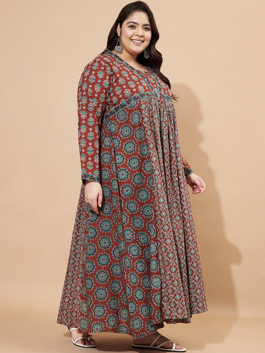 Vbuyz Plus Floral Printed Square Neck Cotton Maxi Ethinic Dress