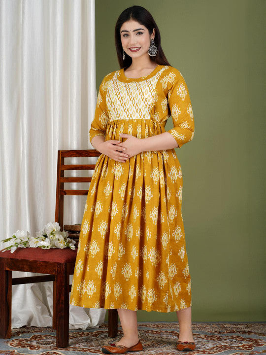 BHAGLI Ethnic Motifs Printed Mandarin Collar A-Line Maternity Ethnic Dresses