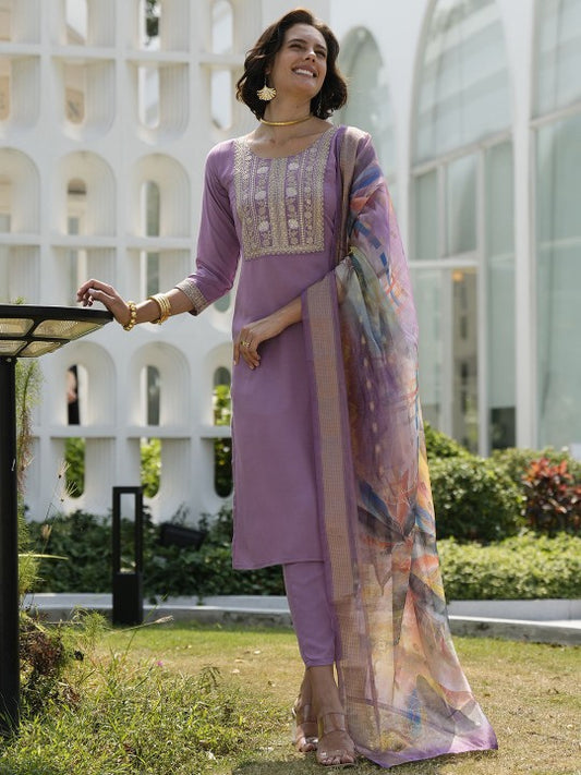 all about you Floral Yoke Design Sequinned Straight Kurta With Trousers & Dupatta