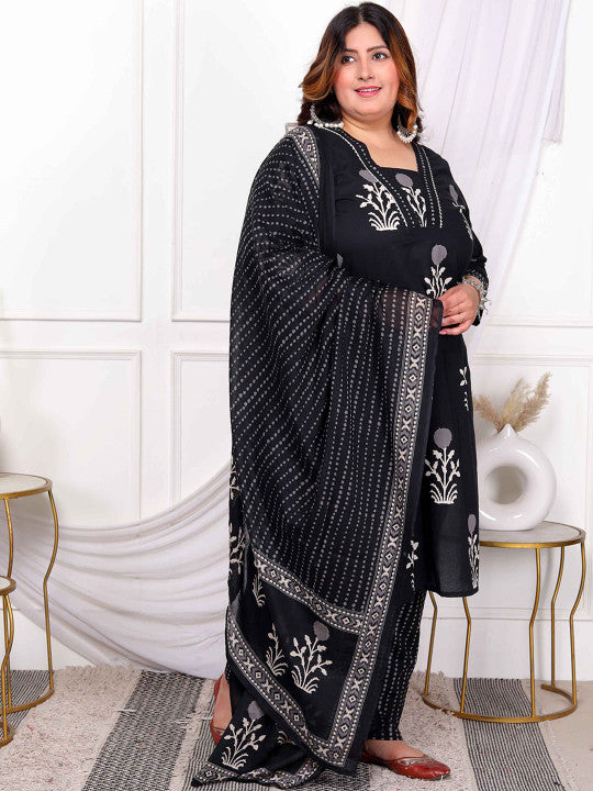 Doriyaan Plus Size Floral Printed V-Neck Pure Cotton Kurta With Trousers And Dupatta