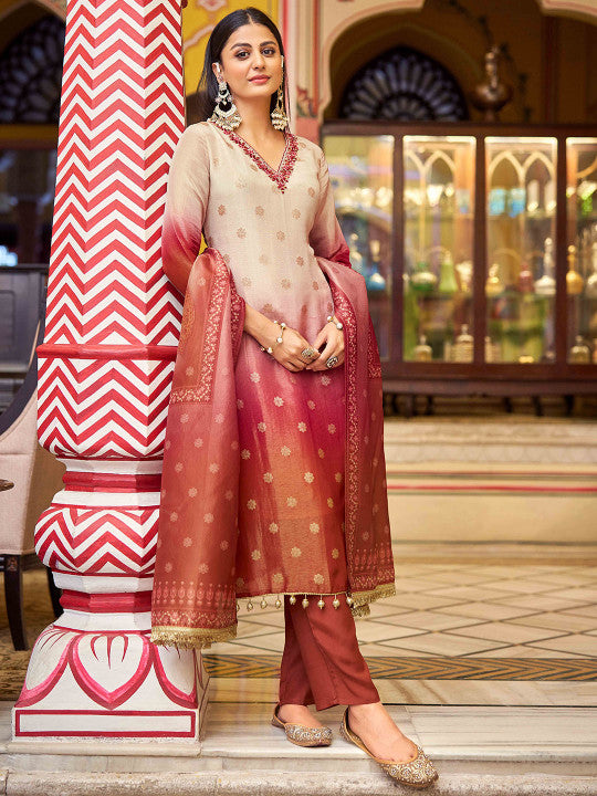 House of Pataudi Woven Design with Mirror Work Embroidered Kurta with Trousers & Dupatta