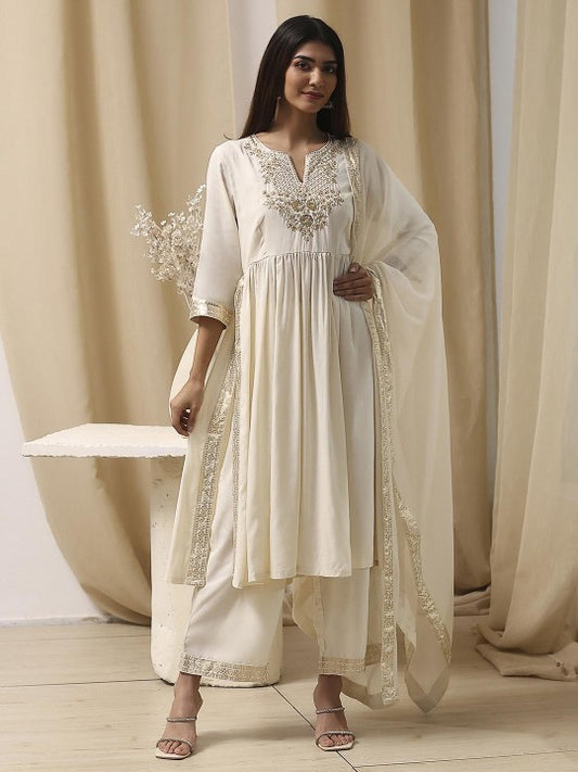 Biba Women Floral Embroidered Regular Thread Work Kurta with Palazzos & With Dupatta