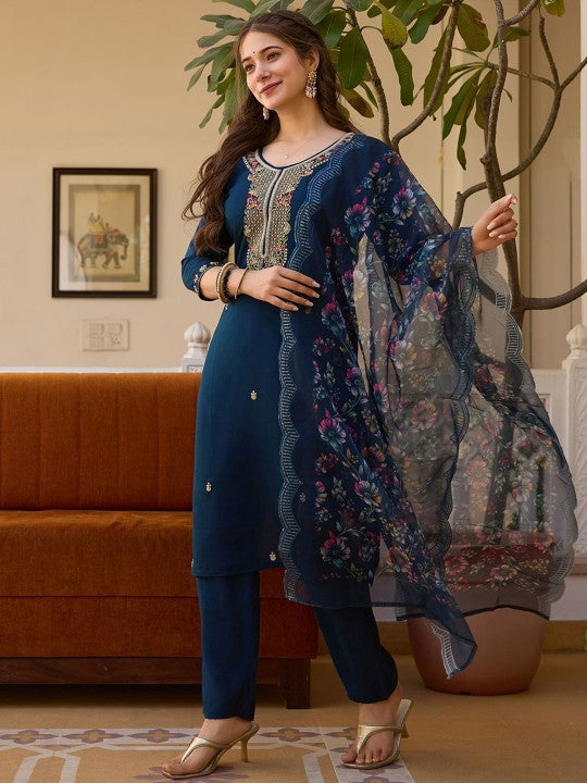 Yara Creation Ethnic Motifs Embroidered Sequinned Straight Kurta With Trousers & Dupatta