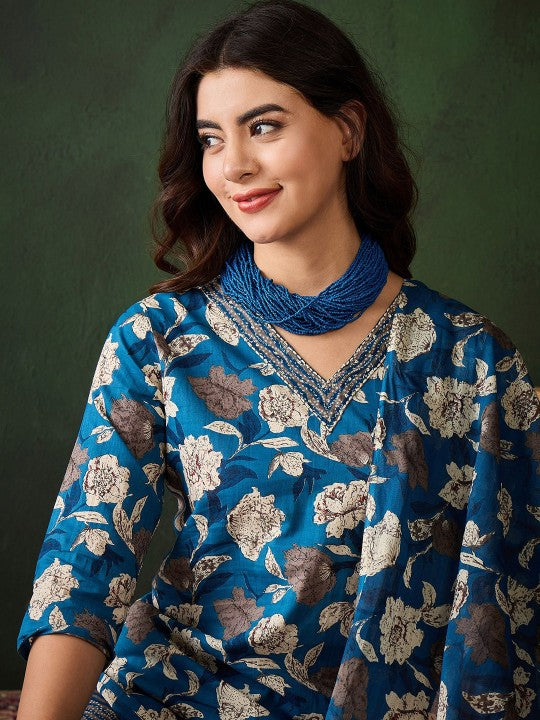 Floral Printed Sequinned V-Neck Pure Cotton Straight Kurta & Trouser With Dupatta