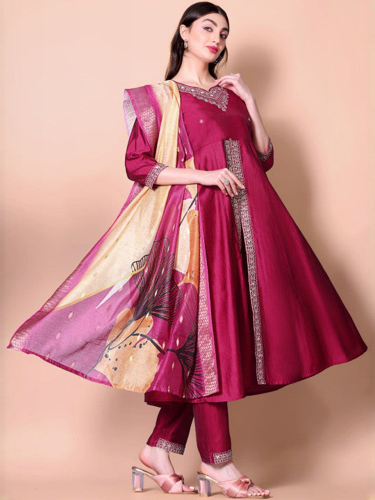 HERE&NOW Women Ethnic Motifs Printed Anarkali Kurta with Trouser & Dupatta