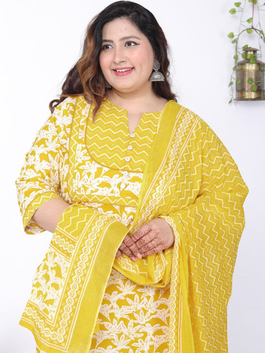 Swasti Plus Floral Printed Notch Neck Pure Cotton Straight Kurta With Trousers & Dupatta