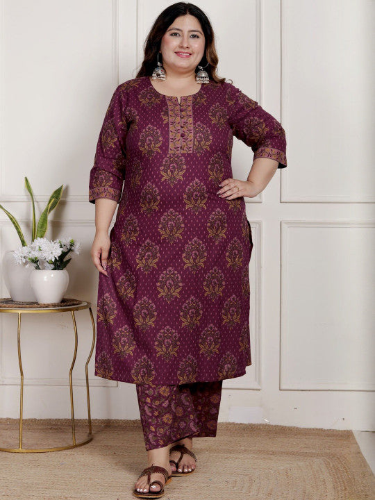 Swasti Women Cotton Maroon Ethnic Motifs Printed Regular Kurta Set