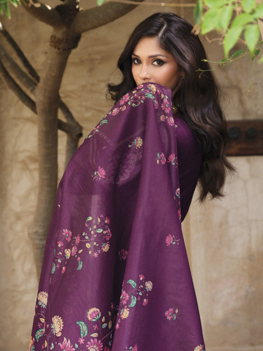AUTUMN LANE Falaknama Orchid Floral Yoke Design Pure Cotton Kurta With Trousers & Dupatta