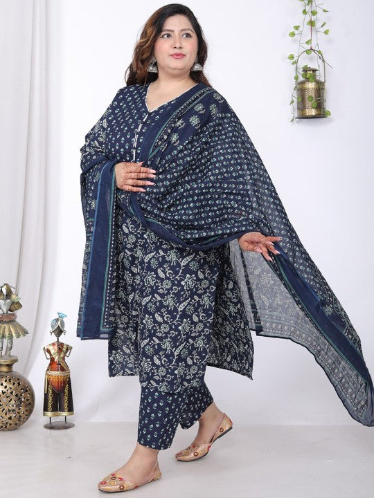 Swasti Plus Size Floral Printed V-Neck Pure Cotton Straight Kurta With Trouser & Dupatta
