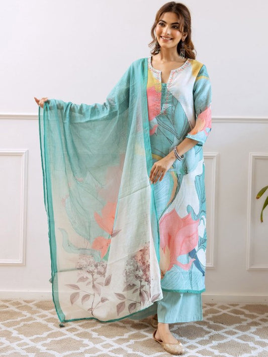 FILO HEVIS Floral Printed Notched Neck Pure Cotton Straight Kurta With Palazzos & Dupatta