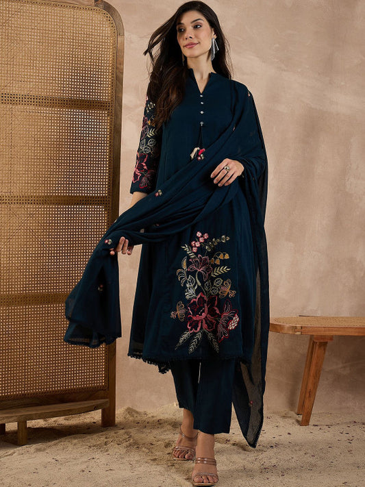 CHETI Women Floral Embroidered A-Line Kurta with Trousers & Dupatta