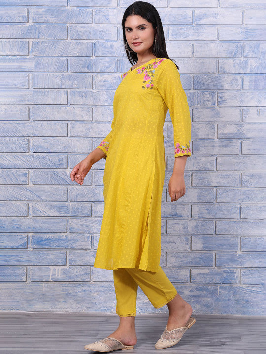 W Women Floral Embroidered Cotton Kurta with Trousers & Dupatta