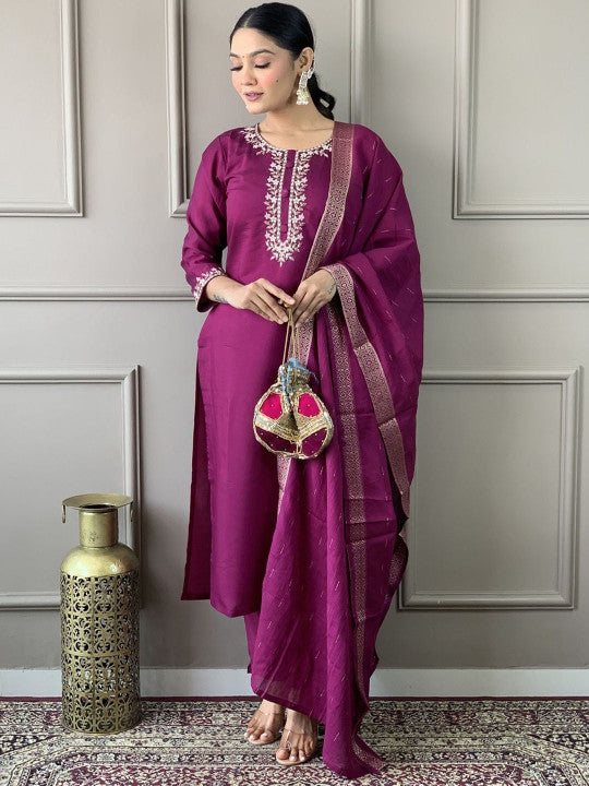 ASCIIBLUES Women Ethnic Motifs Embroidered Thread Work Kurta with Trousers & With Dupatta