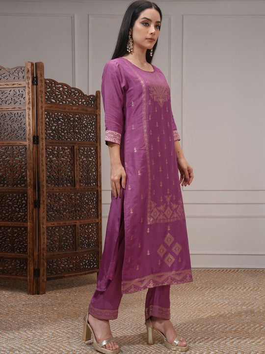 Vishudh Women Ethnic Motifs Woven Design Regular Kurta With Trousers Dupatta