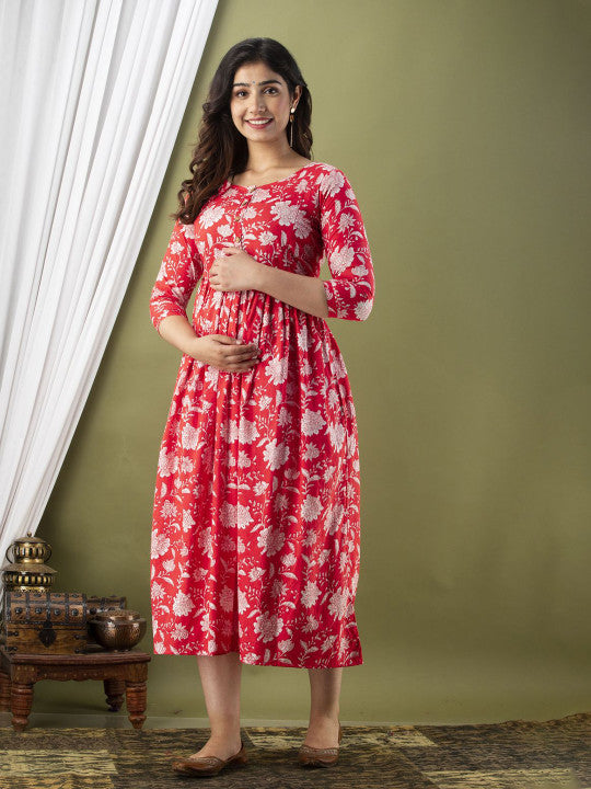Ashvy Floral Printed Cotton Maternity Ethnic Dress