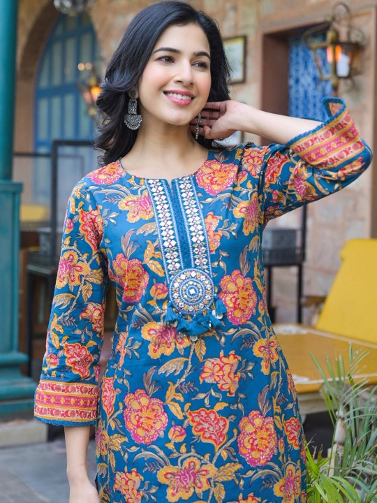 AUTUMN LANE Floral Printed Pure Cotton Mirror Work Notch-Neck Tunic & Trouser