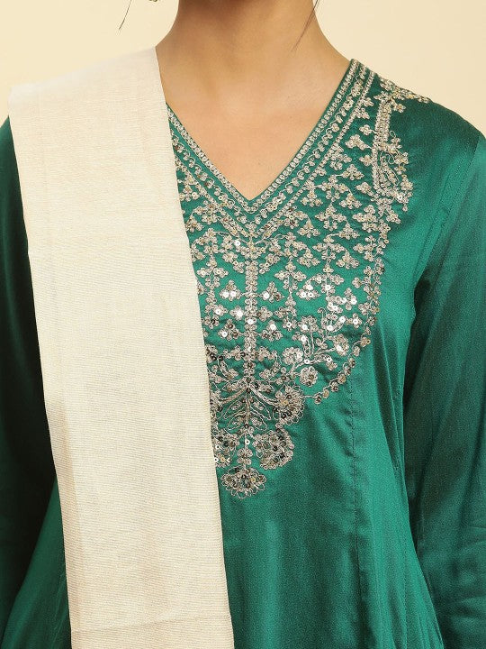 W Women Embroidered Regular Kurta with Trousers & With Dupatta