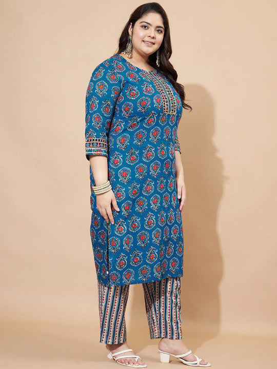 Vbuyz Blue Floral Printed Round Neck Regular Straight Kurta With Trouser With Dupatta