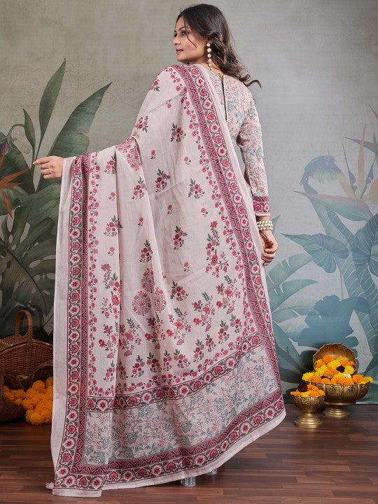 IOLY Women Floral Embroidered Regular Beads and Stones Pure Cotton Kurta with Pyjamas & With Dupatta