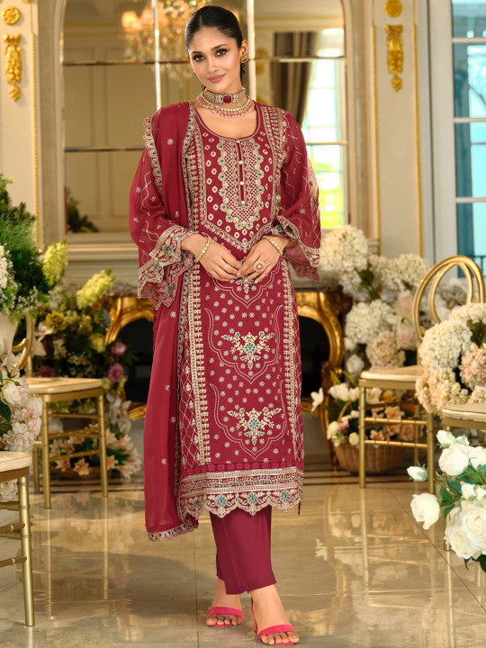 Indo Era Ethnic Motifs Embroidered Zari Organza Straight Kurta & Trousers With Dupatta