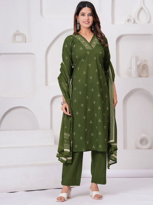 Floral Printed V-Neck Sequinned Pure Cotton Kurta With Trousers & Dupatta