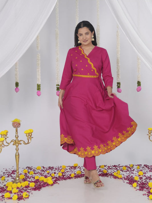 Embroidered Linen Cotton Solid Anarkali Pink Kurta
