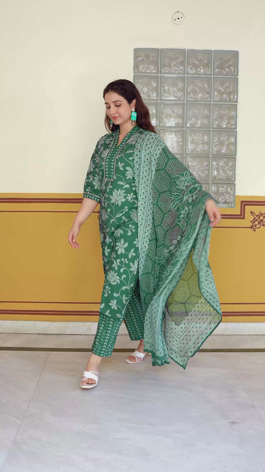 Soft Cotton Bandhani A-line Green Kurta